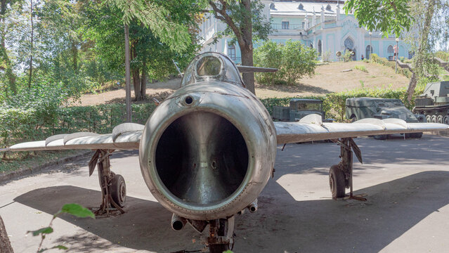Vintage USSR military airplane MiG-15 at the open-air exhibition in Ukraine