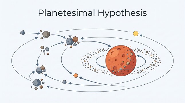 Planetesimal hypothesis diagram showing dust and rock accretion into planetary bodies in early solar system