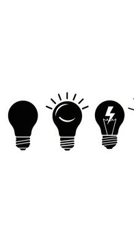 Black and white light bulb icon variations with innovation creativity electricity solution
