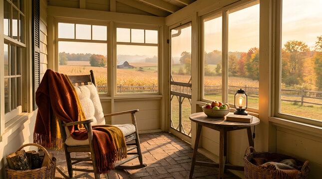 Cozy screened farmhouse porch featuring a wooden rocking chair with throw blanket, lit lantern, table with apples, and windows overlooking a sunlit golden autumn farm