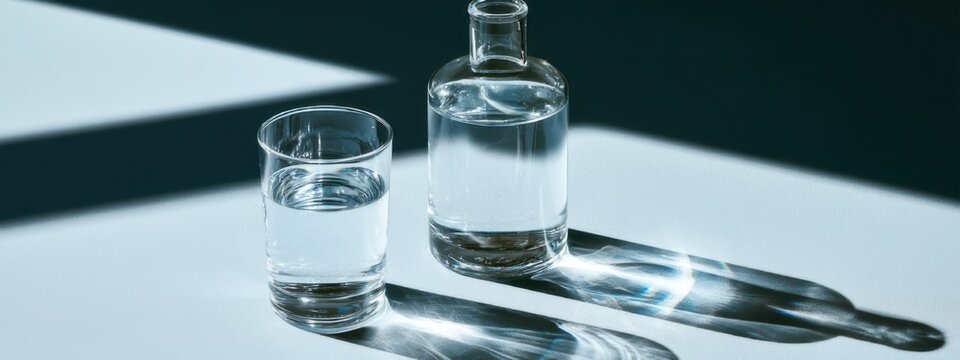 Glass of water and bottle on table with light creating shadows