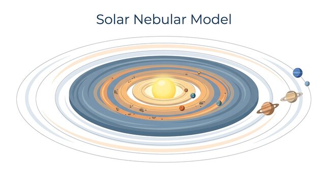 Solar nebular model of planet formation showing rotating disk of gas and dust around young sun