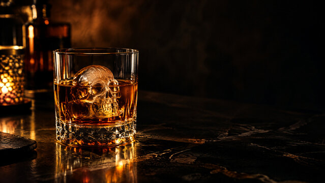Gothic skull ice cube in whiskey glass, amber bourbon on dark marble bar, moody speakeasy aesthetic with golden lighting and copy space