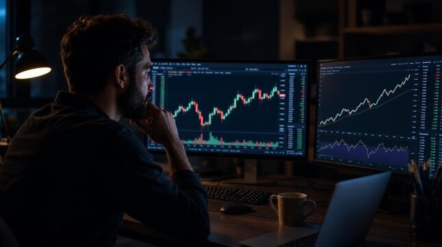 Bearded male trader in dark shirt focusing on dual monitors displaying vivid red and green candlestick charts and financial graphs in dimly lit home office at night