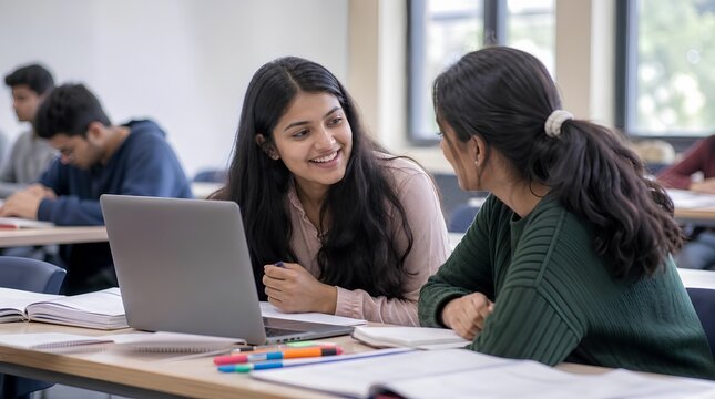 Smiling young Indian female student with long dark hair leaning toward classmate during classroom lesson, engaged conversation at desk with laptop, notebooks, and colorful pens, bright modern school