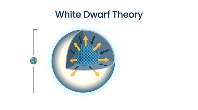 White dwarf theory concept showing electron degeneracy pressure and comparative size to Earth in an educational vector illustration for astronomy