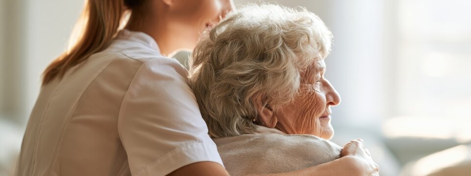 Support and care during a moment of connection between a caregiver and an elderly person in a bright room