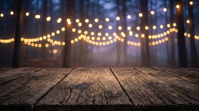 Empty rustic wooden table outdoors at night with festive string lights bokeh background