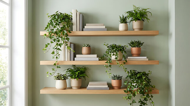 Wooden floating shelves with various indoor house plants and books on sage green wall