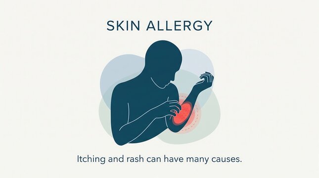 Skin allergy medical infographic featuring human silhouette scratching arm with red rash for allergy awareness and dermatology clinic patient education on skin irritation