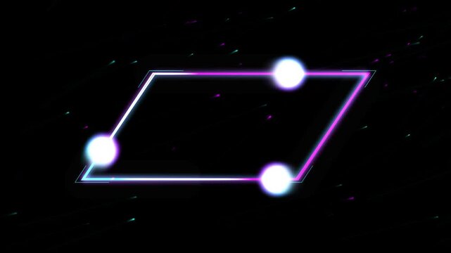 Neon parallelogram frame with glowing particles abstract motion background, geometric