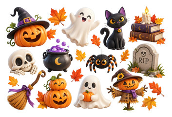 Fototapeta premium PNG Cute Halloween characters, pumpkins, ghosts, cats, skulls and autumn leaves