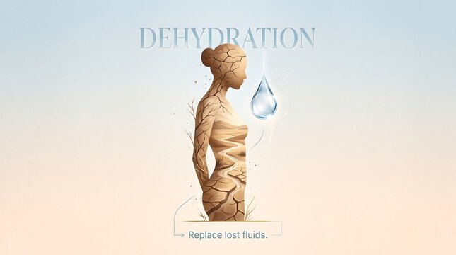 Conceptual medical illustration of severe dehydration showing a human figure turning into cracked earth with a water drop representing the need to replace lost body fluids today
