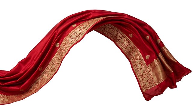 Red silk dupatta with gold embroidery and decorative borders