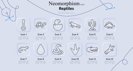 Reptiles set icon. Thermometer scale, turtle shell, hatching egg, lizard crawl, cactus plant, stegosaurus back, salamander form, water drop, coiled snake, footprint mark, crocodile head, forked © Anastasia