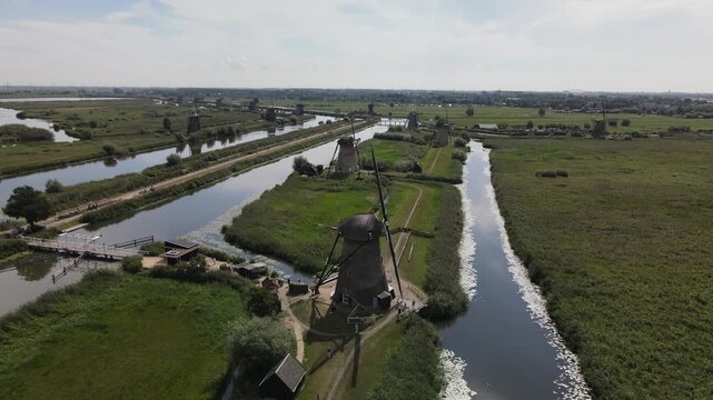 Aerial view of historic windmills and canals at Kinderdijk