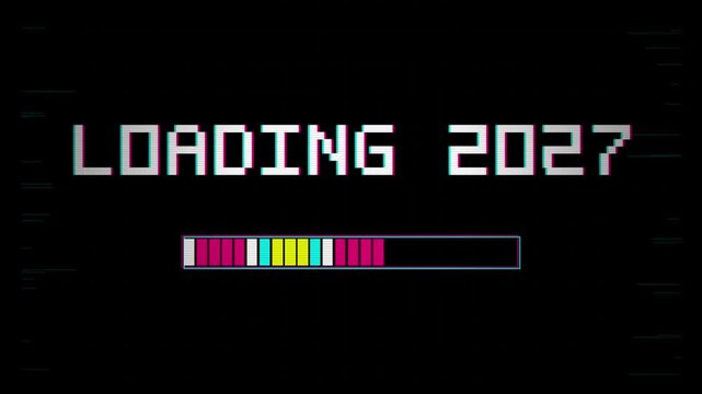 Retro 8-bit loading 2027 screen with glitch effect and progress bar animation pixel glitch