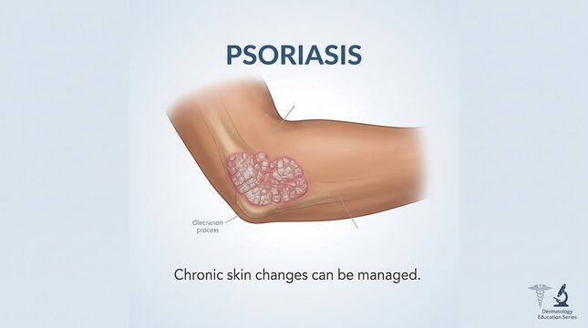 Medical illustration of human elbow anatomy showing psoriasis plaque formation on skin with olecranon process label for chronic skin disease management and education