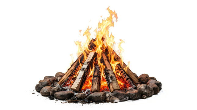 Realistic campfire with burning logs and stones isolated on transparent background