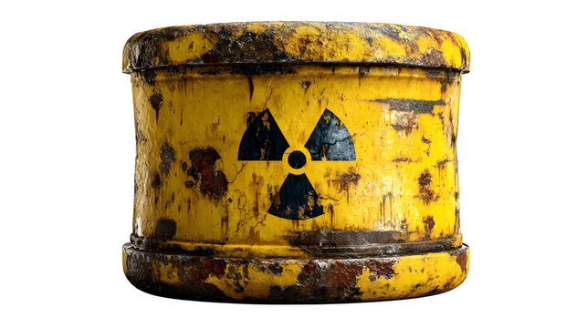 weathered yellow radioactive waste drum with black trefoil symbol