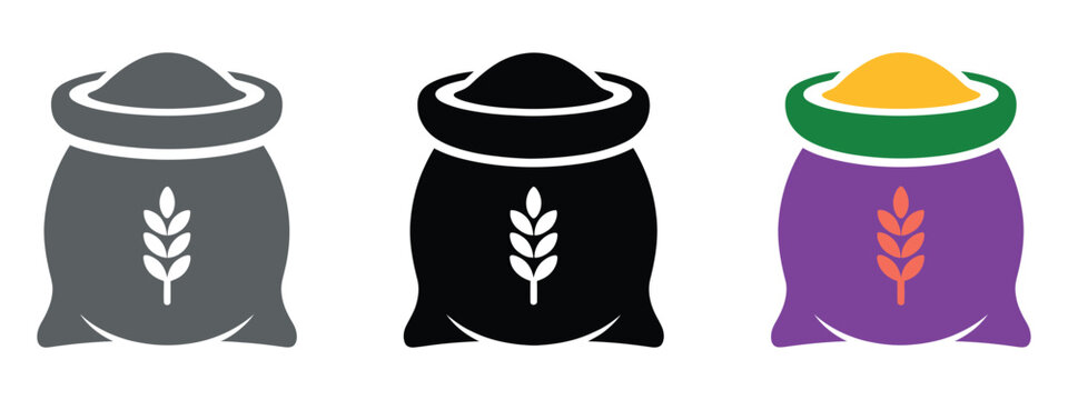 wheat icon set, grain bag sack, flour and rice symbols for agriculture and food packaging