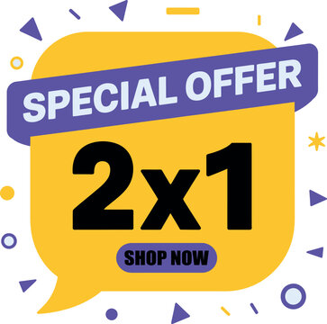 Modern special offer 2x1 promotion speech bubble with vibrant yellow and purple elements for shopping discounts