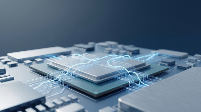 Ai business solutions for secure data processing on modern circuit board with glowing digital connections and depth