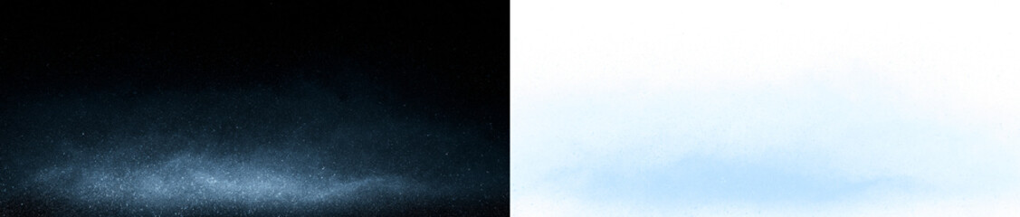 Obraz premium Glowing blue mist and dust particles along the bottom edge. Atmospheric fog light effect overlay on transparent and black backgrounds.