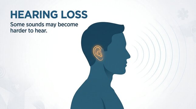 Illustration of man's silhouette with sound waves emanating from ear symbolizing hearing loss