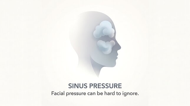Stylized illustration of a human head profile with sinus pressure visualized as clouds
