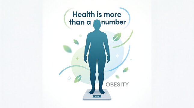 Obesity concept illustration with a full body silhouette standing on a weighing scale surrounded by abstract green leaves and blue circular elements representing health metrics