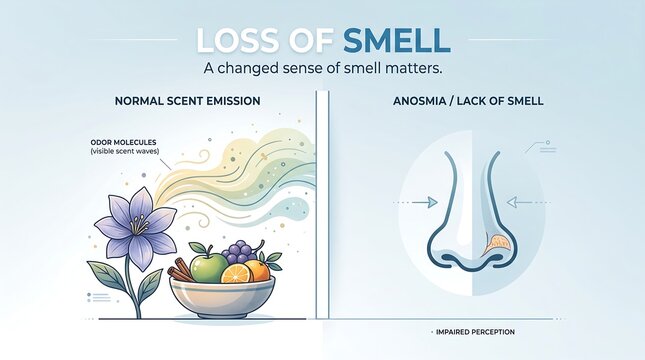 Visual illustration comparing normal scent perception with the impaired sense of smell condition known as anosmia