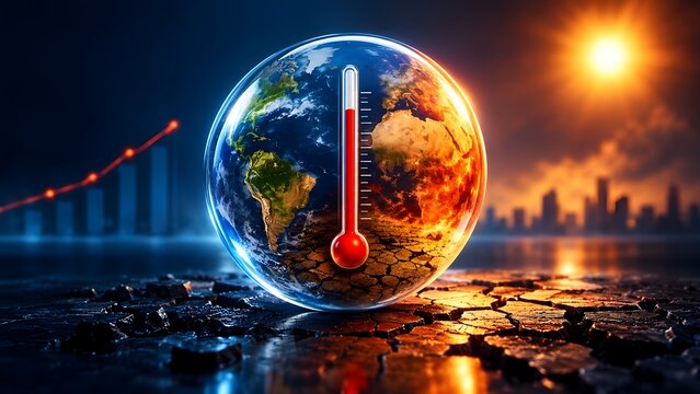 Global warming and climate change concept showing earth globe divided into healthy nature and burning drought landscape with rising temperature thermometer