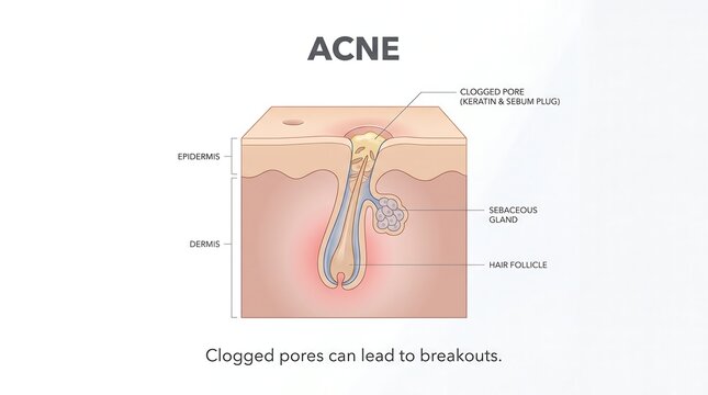 Detailed cross-section illustration of skin demonstrating acne formation from a clogged pore with sebaceous gland and hair follicle