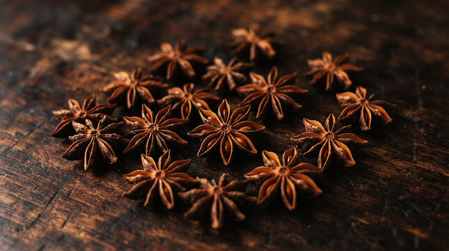 Dried star anise spice pods arranged on a rustic dark wooden surface
