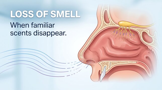 Detailed anatomical illustration of human nasal cavity depicting the olfactory system and loss of smell