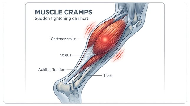 Anatomical illustration of human leg muscles depicting painful cramps in the gastrocnemius and soleus