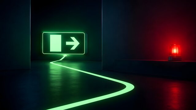 Futuristic glowing green emergency exit sign and direction path on dark floor with red warning light representing safety and escape route