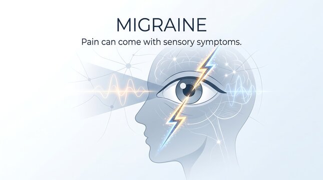 Medical infographic vector banner showing human head profile with migraine headache symptoms and neurological sensory aura lightning effect on light background