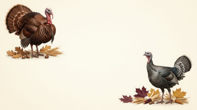 Vintage style illustration of two wild turkeys standing among colorful autumn leaves on a cream background