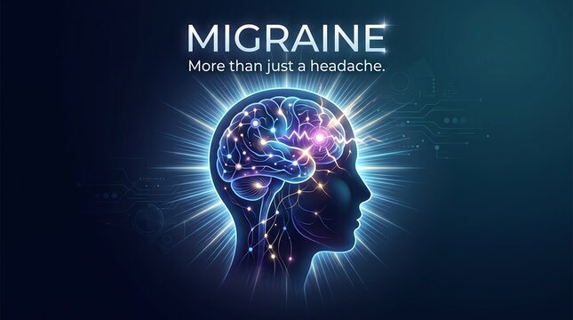 Migraine neurological disorder brain electrical activity illustration with glowing light