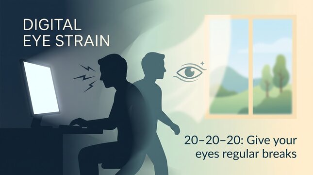 Digital eye strain graphic design illustration featuring a man looking at computer screen with 20 20 20 rule advice for healthy vision