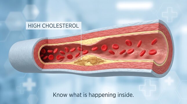 High cholesterol medical 3D render showing plaque buildup inside artery with red blood cells flowing through cardiovascular system