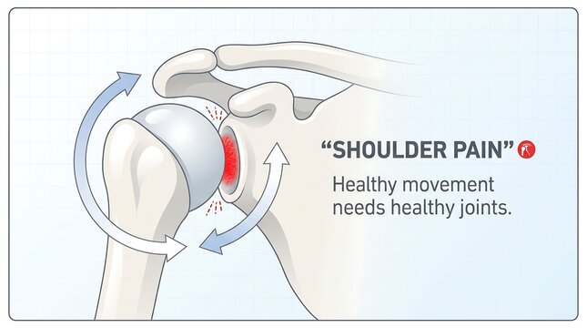 Shoulder pain medical anatomy illustration showing shoulder joint ball and socket with inflammation and rotational movement arrows