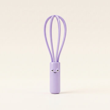 Sleepy purple whisk character with half closed eyes rendered on clean cream background