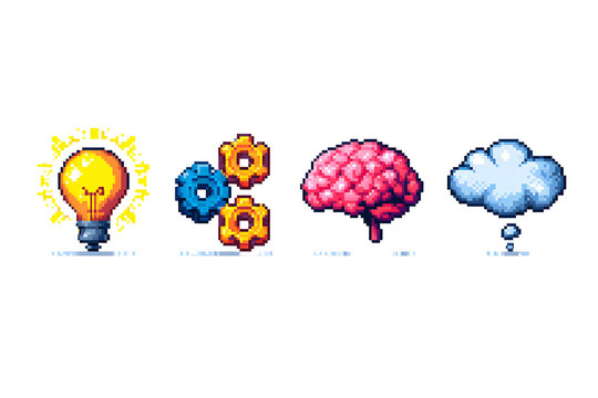 Pixel art icons row: lightbulb gears brain cloud on white