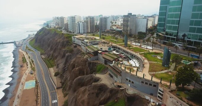 Aerial View of Miraflores Coastline and Larcomar in Lima Peru