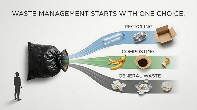 Waste management and recycling infographic showing garbage bag splitting into sorted streams for recycling composting and general waste disposal choices