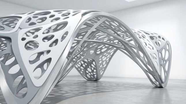 A bright minimalist interior features a futuristic architectural structure displaying an intricate and complex geometric pattern in its design