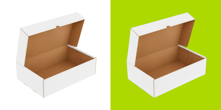 Open empty white cardboard box packaging product display container